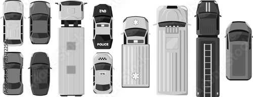 Black and white icon mockups of various vehicles, top-down view, city transport.