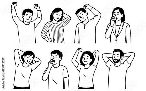 Diverse group of people yawning and stretching in linear style illustrations