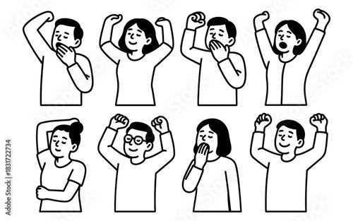 Diverse line art characters yawning and stretching in different poses