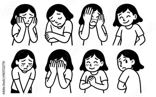 Cartoon expressions of a girl displaying multiple emotions
