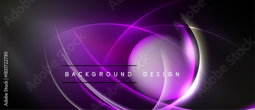 Abstract purple design features curved lines, glowing effects. Background includes text background design centered within composition. Dark shades dominate image.