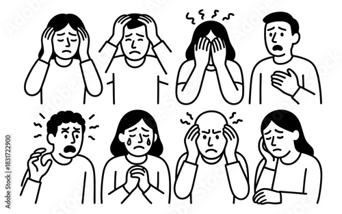 Black and white expressions of anxiety and stress in line art style