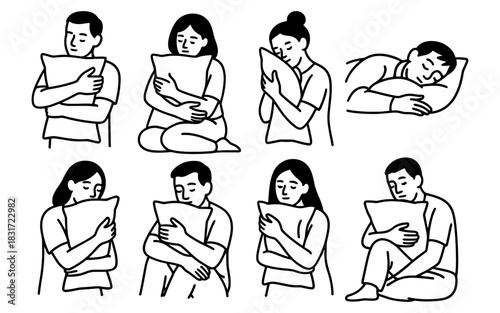 People comforting themselves with pillows in relaxing line art design
