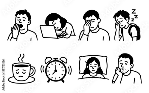Sleep deprivation icons depicting fatigue and exhaustion in simple black and white