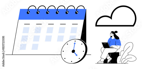 Calendar scheduling concept. Calendar, clock, and cloud scheduling and time management. Calendar planning for remote work and productivity. Ideal for time management, business tools, project