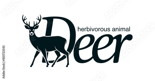 A majestic deer stands beside the word 'Deer' with the phrase 'herbivorous animal' above it.