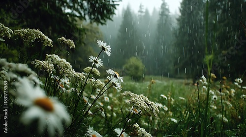Fototapeta Naklejka Na Ścianę i Meble -  White daisies and green forest under a refreshing summer rain shower.
