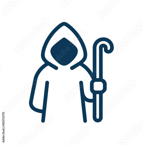 A cloaked figure with a staff represents the abstract concept of mystery or the unknown.