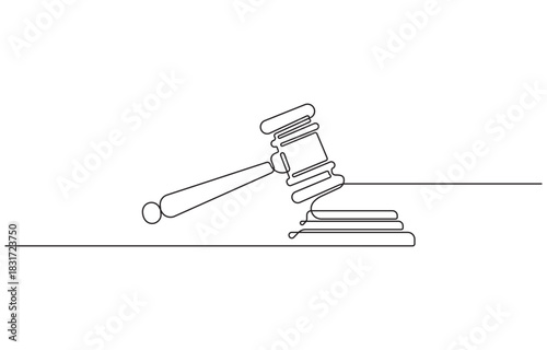 Continuous one line drawing of Law judge hammer Illustration, isolated on transparent background.