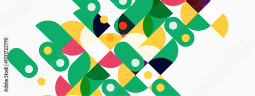 Abstract geometric pattern. Circles, ovals, curves create colorful composition. Modern design, vibrant hues, playful shapes.