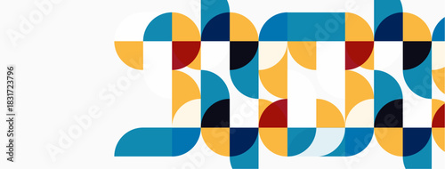 Abstract geometric pattern. Circles, squares overlap creating colorful design. Modern aesthetic, simple shapes dominate composition.