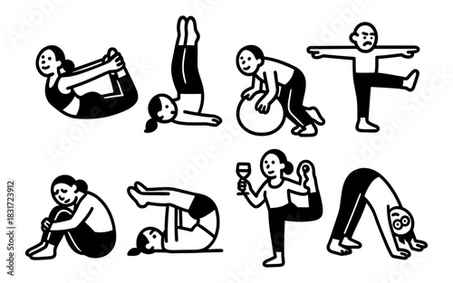 Playful yoga poses: fun black and white cartoon characters in various yoga positions