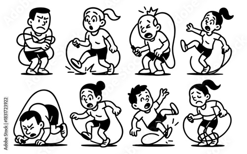 Cartoon people experiencing embarrassing moments in fun sports activities