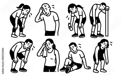 Exhausted athletes illustrations depicting fatigue and recovery in sports