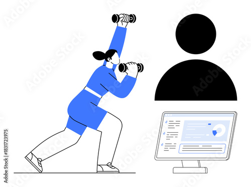 Woman lifting dumbbells while lunging, large user profile icon, and desktop screen displaying data. Ideal for fitness, personal training, digital wellness, health tracking, technology, analytics