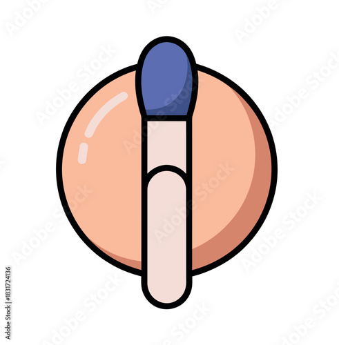 A makeup brush is poised over a circular makeup compact, ready for application.