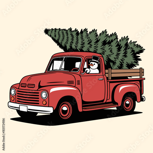 Vintage Red Truck Carrying Christmas Tree with Snowman Driver