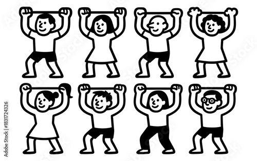 Active people exercising in minimalist black and white design