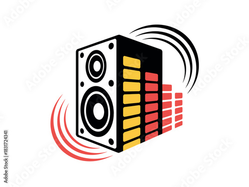 A dynamic graphic illustration of a speaker alongside a stylized equalizer bars representing sound waves.