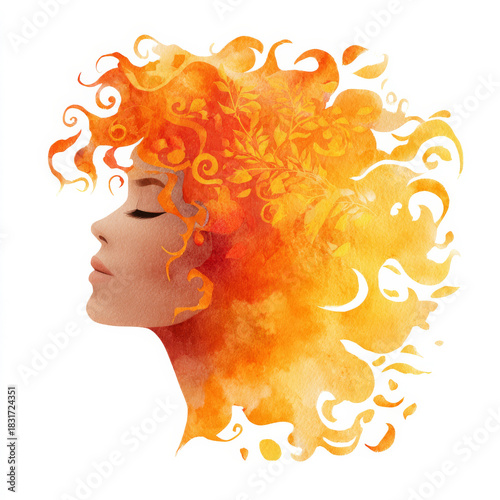 A watercolor portrait of a woman whose curly floral hair expresses the fiery energy of the fire element.