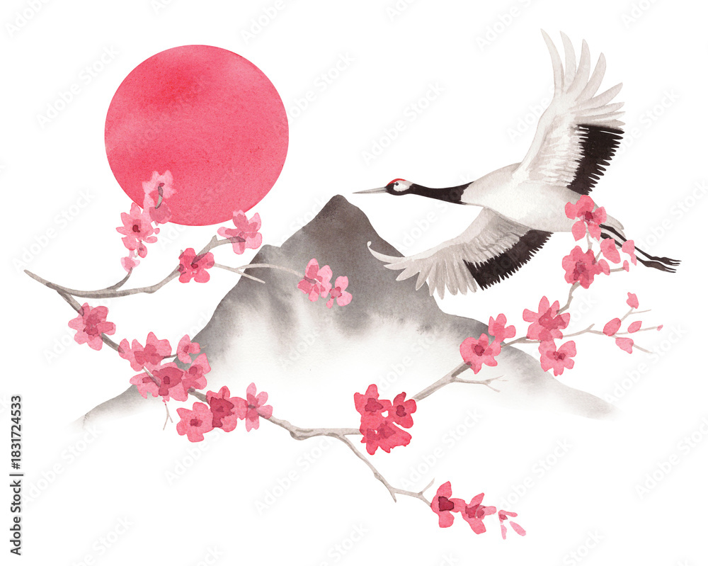 Obraz premium Sakura with the flying japanese red crown crane and landscape on a background. Watercolor handmade illustration. For fabric, wallpaper, greeting cards, design, decoration and illustration.
