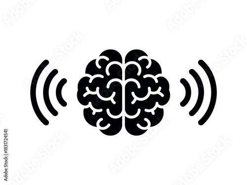 A stylized black and white illustration of a brain emitting waves, representing thought or communication.