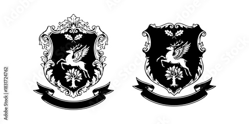 Vintage heraldic shield with winged stag, oak tree and banner ribbon. Black and white vector emblem design for logo, tattoo or coat of arms.