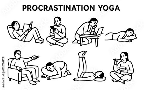 Procrastination exercises: humorous everyday relaxation poses in a line art style