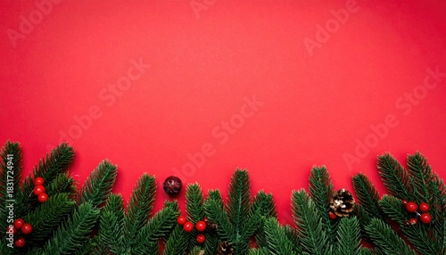 Festive Christmas fir branches with red berries and pine cones border on red background.