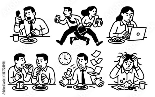 Office life cartoon: stress, lunch breaks, deadlines, and multitasking
