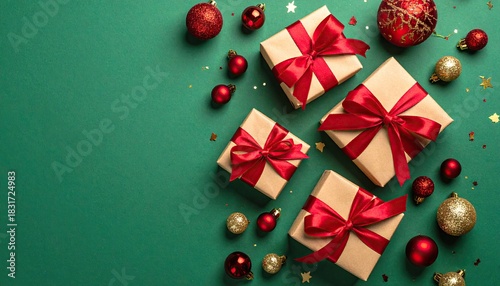 Festive Christmas Gifts and Ornaments on Green Background.