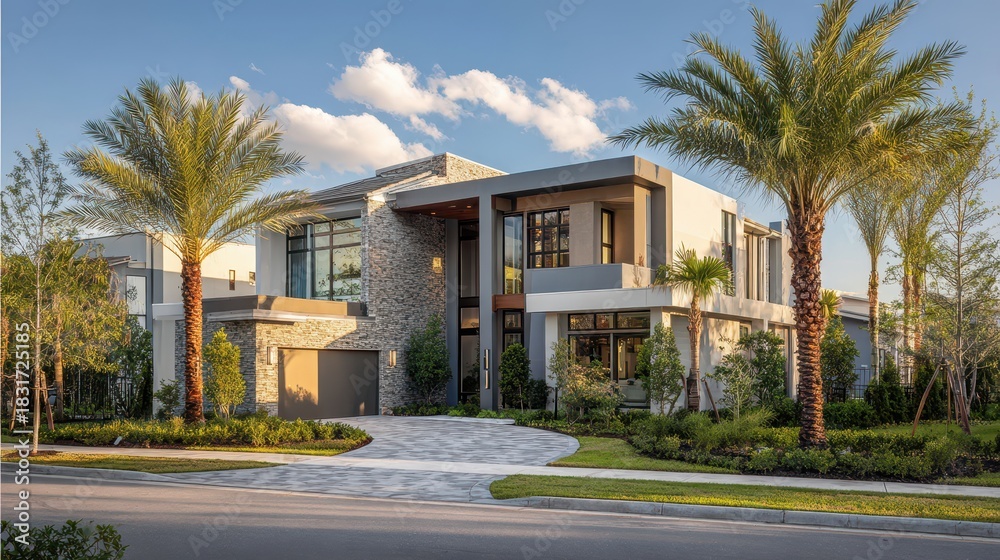 Fototapeta premium Elegant gray faÃ§ade luxury home in a serene Laureate Park community