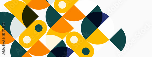 Abstract geometric pattern. Overlapping circles, semicircles create dynamic composition. Orange, teal, cream colors dominate design. Minimalist aesthetic.