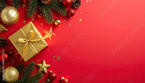 Festive Christmas arrangement with gold gift box ornaments and pine branches on red background.