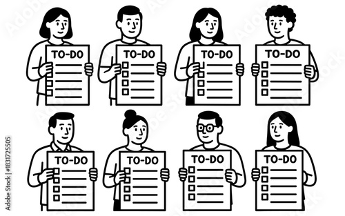 Diverse group holding to-do lists in minimalistic line art style