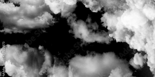 White cloud of smoke against black background. Dramatic white smoke cloud billowing across a panoramic white background, an abstract representation of explosion, pollution, 
