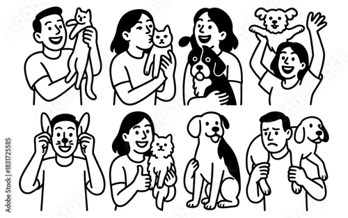 Happy pet owners and their pets in simple black and white designs