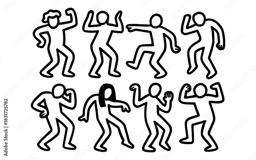 Naklejka premium Energetic dance silhouettes expressing joy and movement in bold black lines