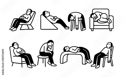 Boredom and fatigue: monochrome figures relaxing in various resting positions