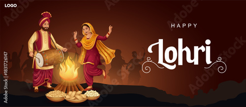 Happy Lohri festival background. Indian Sikh couple dancing around bonfire.