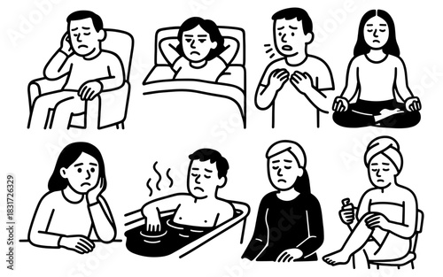 Monochrome set of people experiencing emotions and relaxation techniques