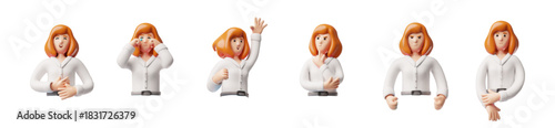 Businesswoman positive and negative expression vector set, 3D cartoon office employee wear white blouse half body