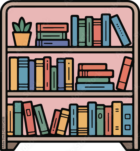 Bookshelf vector illustration filled with various colorful books and a small potted plant