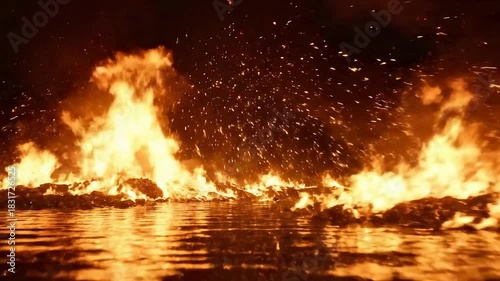 Wallpaper Mural Fiery Inferno - A Dramatic Display of Flames Dancing on Water at Night. Torontodigital.ca