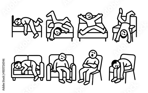Comical line art depictions of sleepy and relaxed poses on furniture