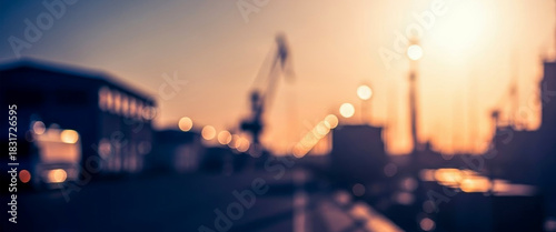 Blurred industrial waterfront scene at sunset with bright light orbs, enriched by warm reflections on distant structures and a soft glowing haze that enhances the calm evening atmosphere.