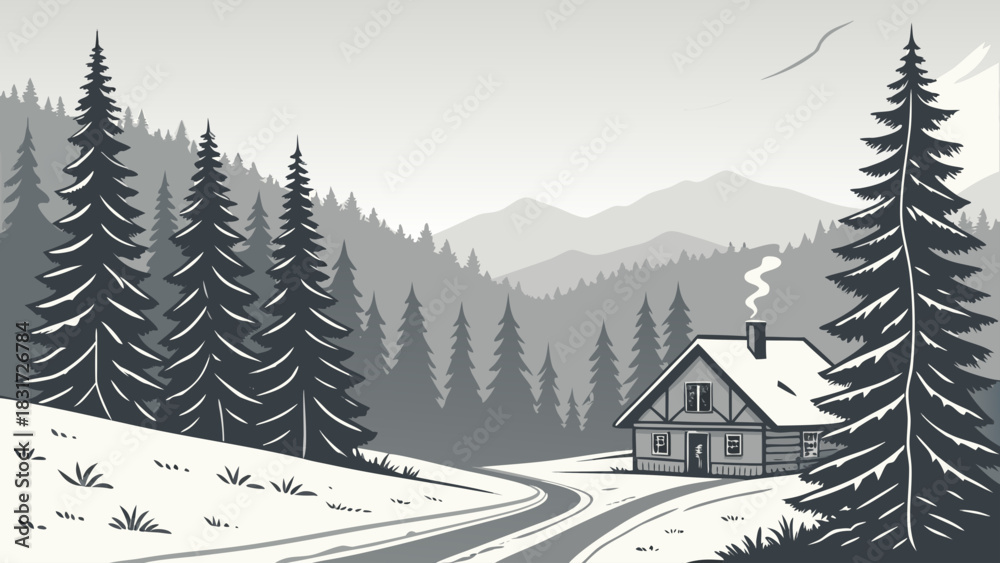 Fototapeta premium A winter landscape with a cabin nestled among snow covered trees and distant mountains in monochrome style