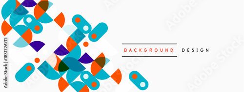 Abstract geometric shapes overlap, creating vibrant background. Colors include blue, purple, orange, teal. Minimalist design elements present.