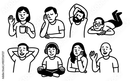 Casual expressions: people in relaxed and thoughtful poses with line art style