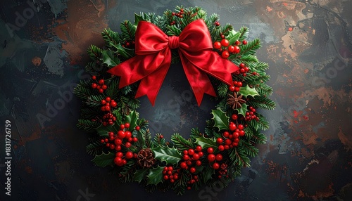Beautiful Festive Christmas Wreath with Red Bow and Berries.